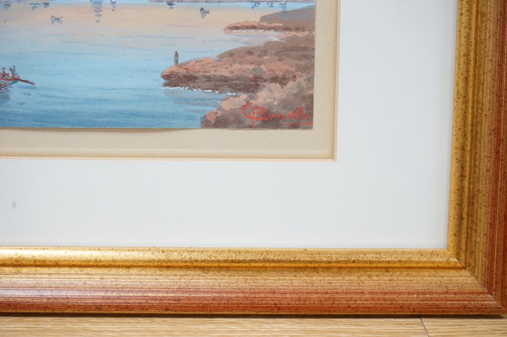 Joseph Bonello, Harbour scenes, Malta, signed, pair of watercolour and gouaches, 11 x 25cm